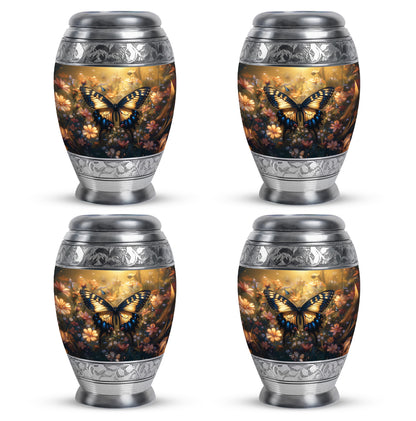 Harvest Gold Butterfly Cremation Urn lifestyle display on memorial shelf - majestic butterfly pattern with filigree border - mini keepsake memorial for portion of cremation ashes