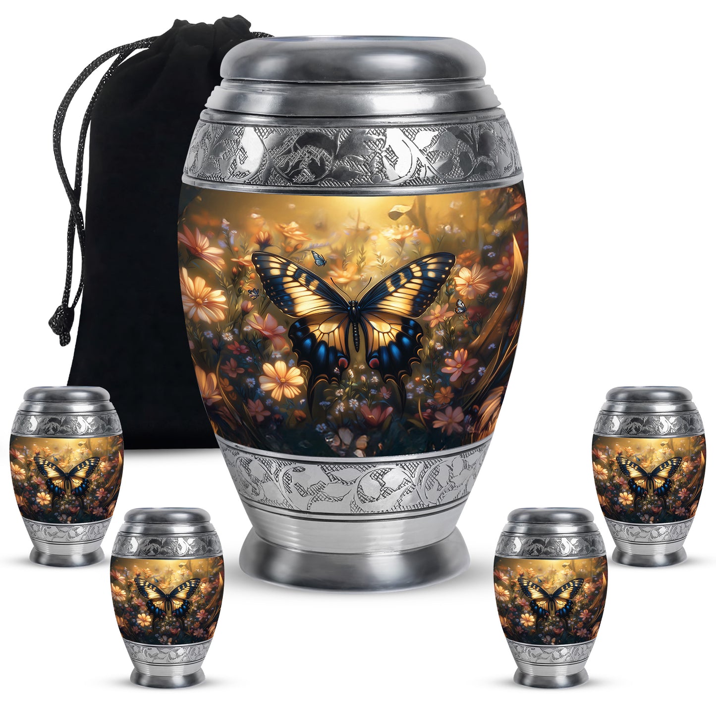 Matte Gold Butterfly Cremation Urn detail view - royal butterfly engraving with decorative scrollwork - memorial set with one large and four small urns