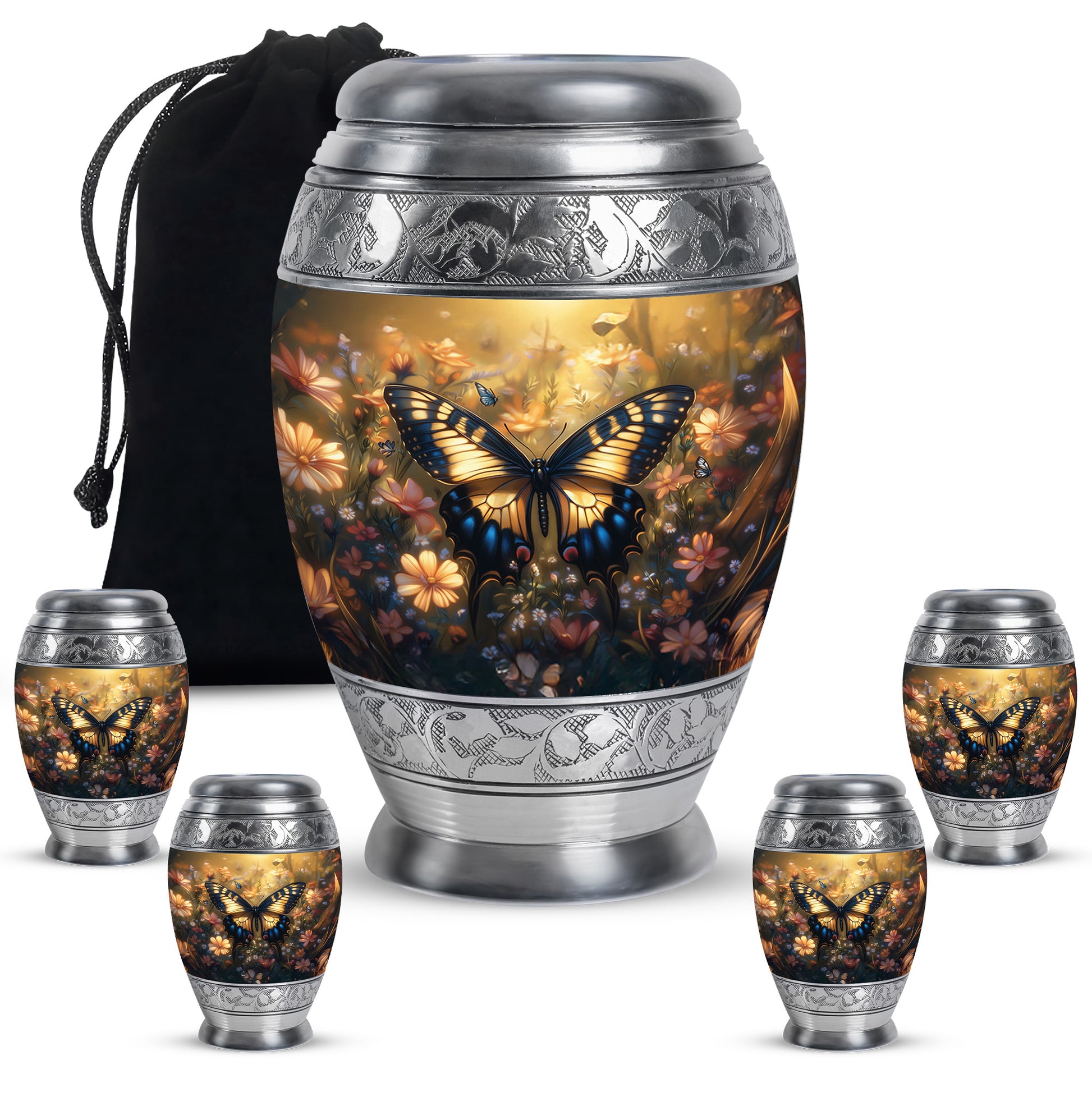 Matte Gold Butterfly Cremation Urn detail view - royal butterfly engraving with decorative scrollwork - memorial set with one large and four small urns
