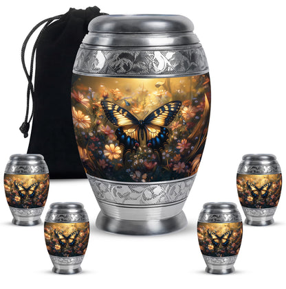 Matte Gold Butterfly Cremation Urn detail view - royal butterfly engraving with decorative scrollwork - memorial set with one large and four small urns