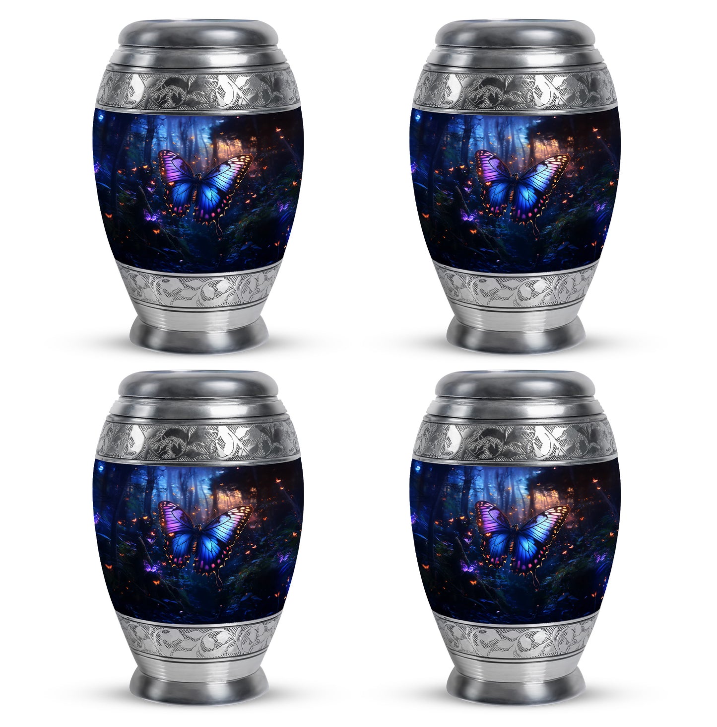 Cornflower Blue Butterfly Cremation Urn urn with complimentary velvet bag - majestic butterfly pattern with filigree border - 10 inch aluminum urn for cremated remains