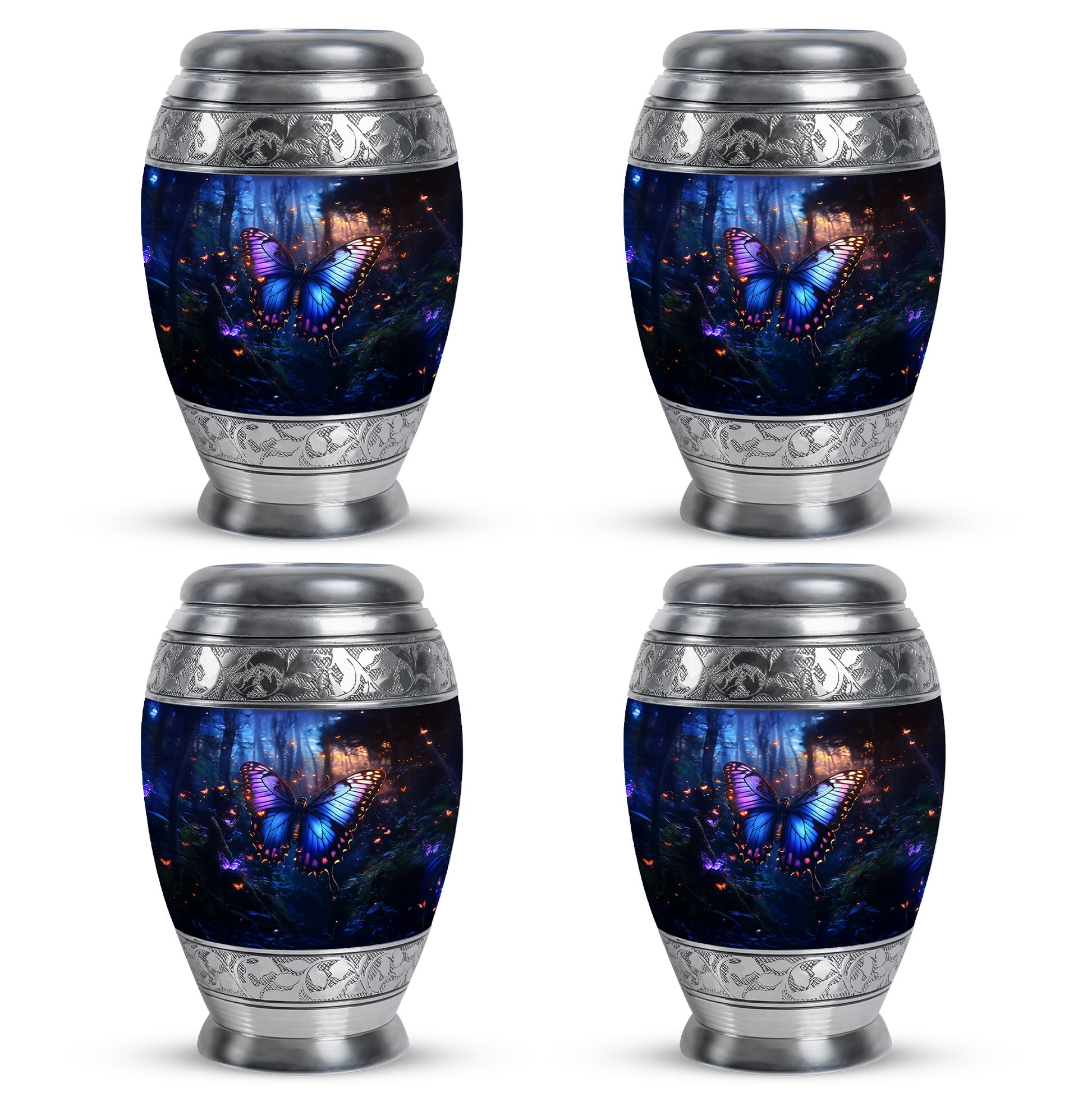 Cornflower Blue Butterfly Cremation Urn urn with complimentary velvet bag - majestic butterfly pattern with filigree border - 10 inch aluminum urn for cremated remains