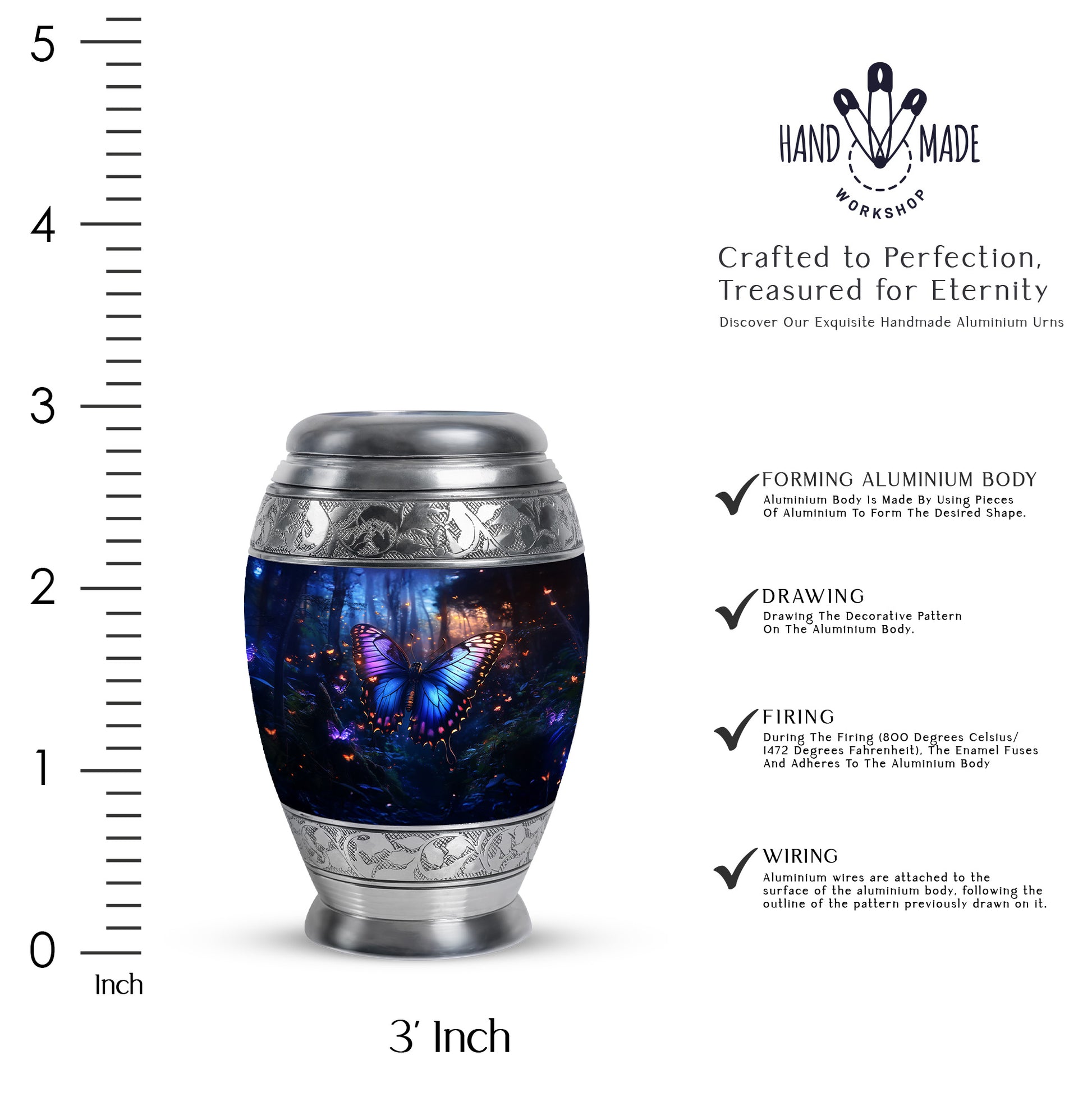 Dusty Blue Butterfly Cremation Urn lifestyle display on memorial shelf - ornate monarch-style butterfly relief on brushed aluminum - mini keepsake memorial for portion of cremation ashes