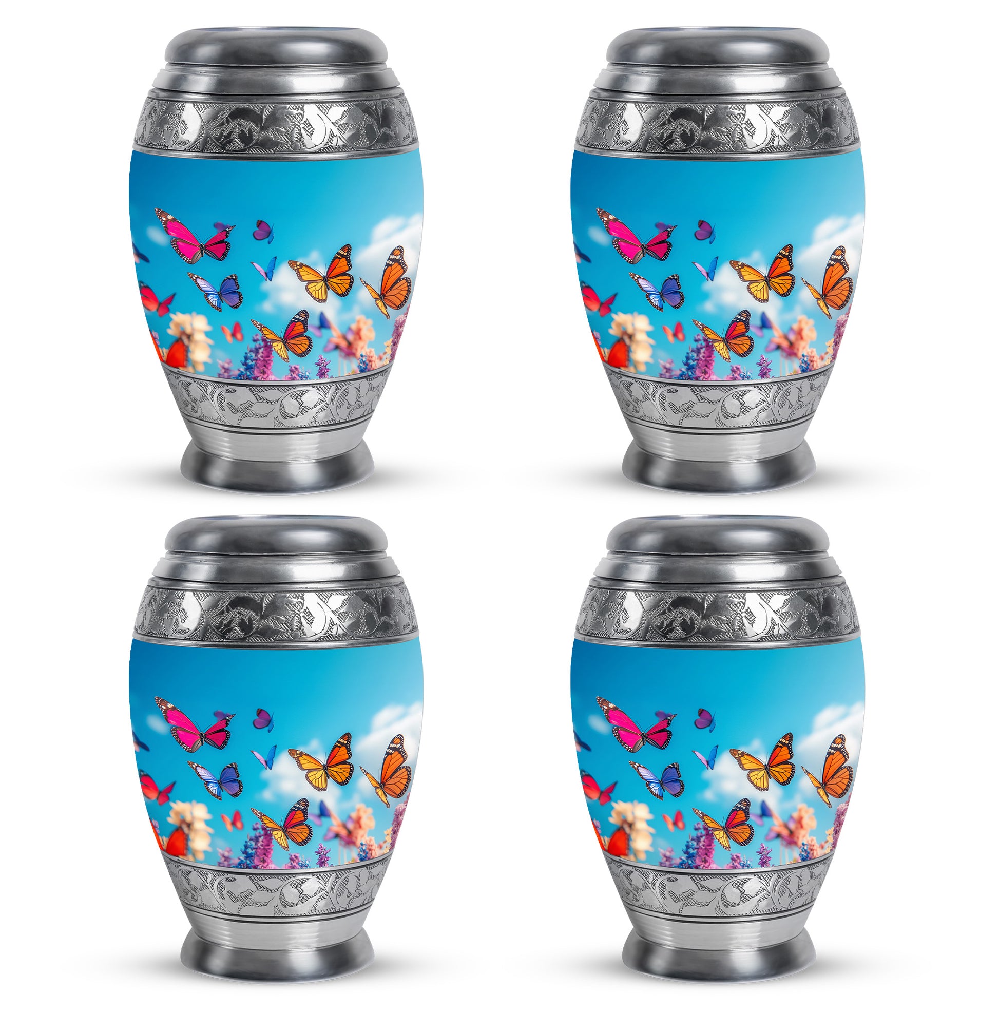 Steel Blue Butterfly Cremation Urn urn with complimentary velvet bag - royal butterfly engraving with decorative scrollwork - 10 inch aluminum urn for cremated remains