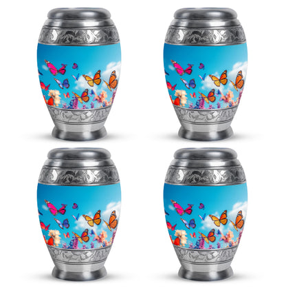 Steel Blue Butterfly Cremation Urn urn with complimentary velvet bag - royal butterfly engraving with decorative scrollwork - 10 inch aluminum urn for cremated remains
