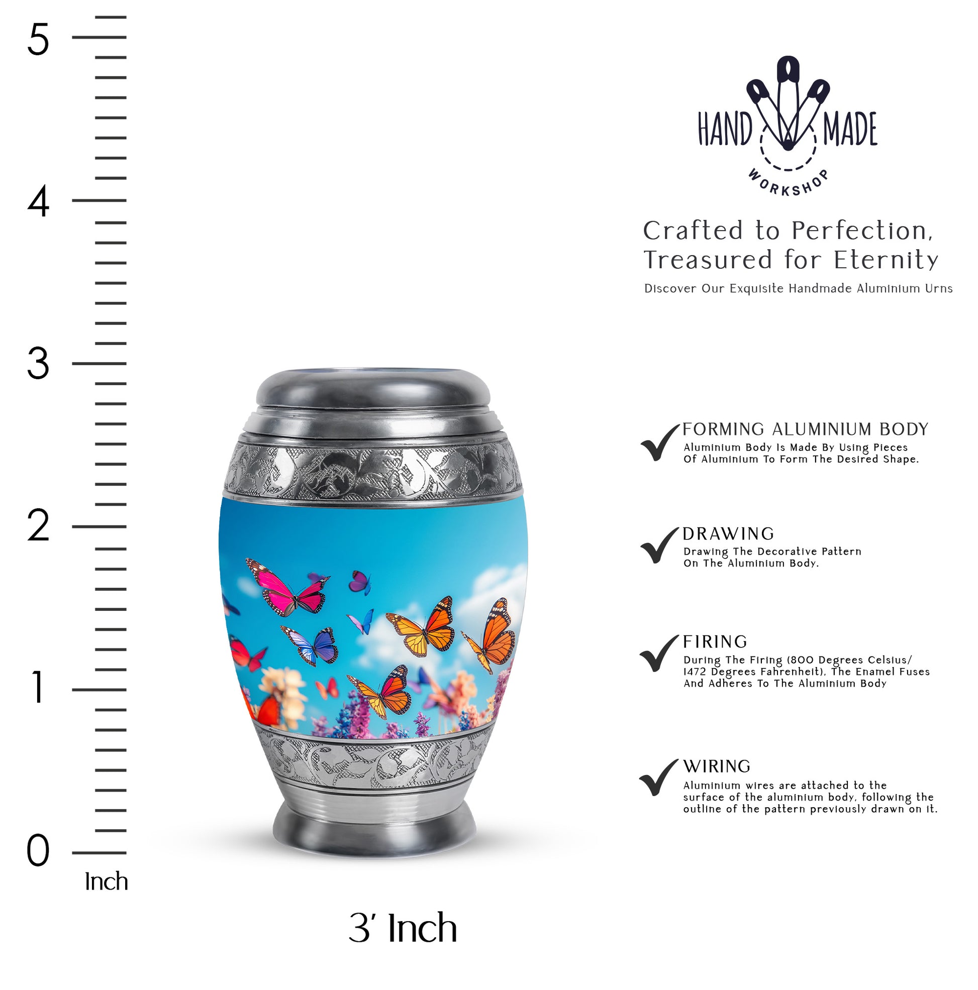 Azure Butterfly Cremation Urn lifestyle display on memorial shelf - regal butterfly design with crown-inspired accents - mini keepsake memorial for portion of cremation ashes