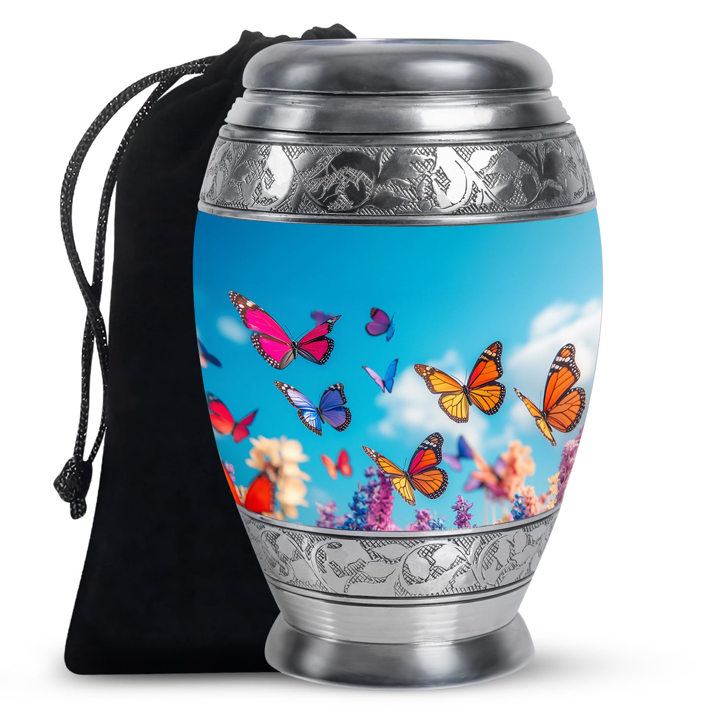 Twilight Blue Butterfly Cremation Urn back view with polished surface - majestic butterfly pattern with filigree border - full-size 10 inch 200 cubic inch adult cremation urn