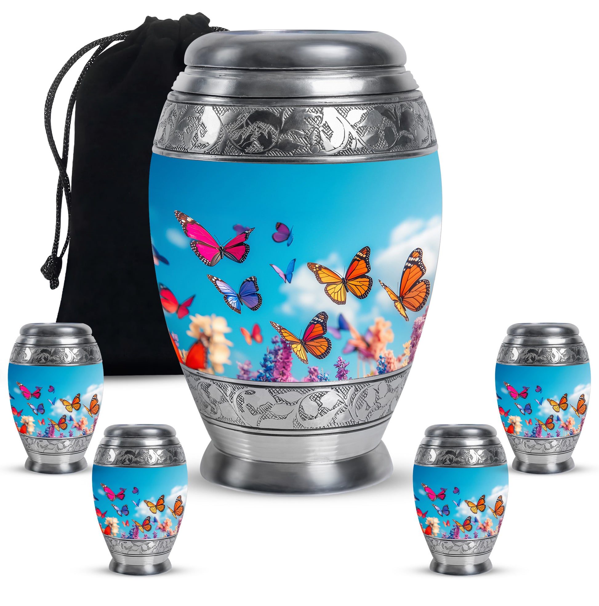 Sky Blue Butterfly Cremation Urn detail view - regal butterfly design with crown-inspired accents - memorial set with one large and four small urns