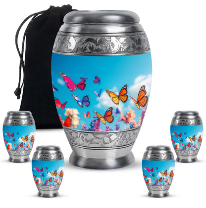 Sky Blue Butterfly Cremation Urn detail view - regal butterfly design with crown-inspired accents - memorial set with one large and four small urns