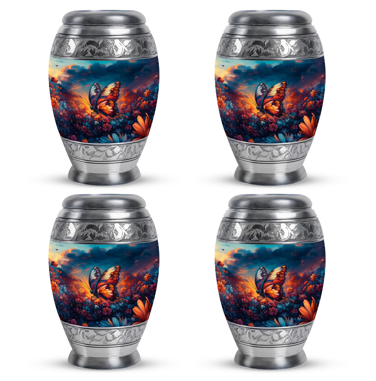 Icy Blue Butterfly Cremation Urn urn with complimentary velvet bag - ornate monarch-style butterfly relief on brushed aluminum - 10 inch aluminum urn for cremated remains
