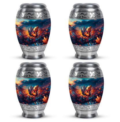 Icy Blue Butterfly Cremation Urn urn with complimentary velvet bag - ornate monarch-style butterfly relief on brushed aluminum - 10 inch aluminum urn for cremated remains