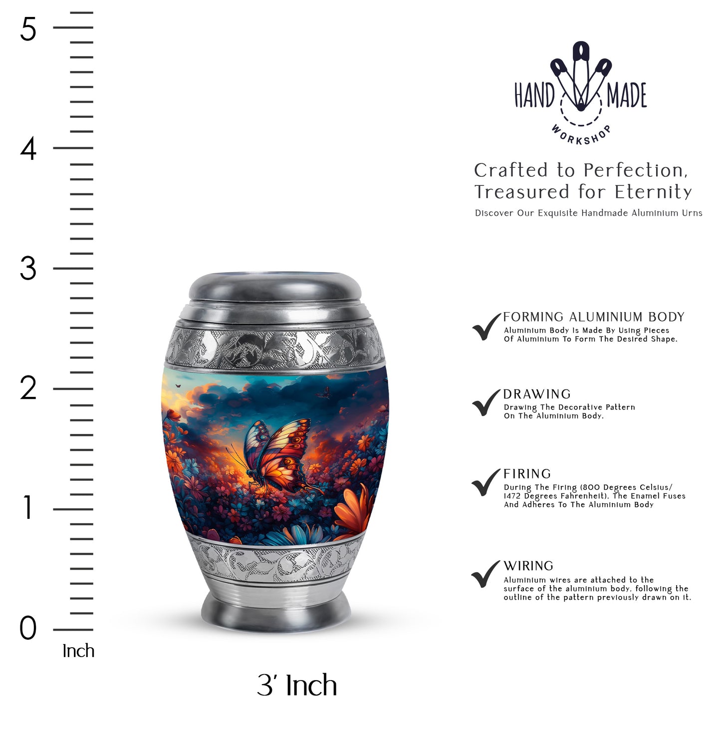 Azure Butterfly Cremation Urn lifestyle display on memorial shelf - ornate monarch-style butterfly relief on brushed aluminum - mini keepsake memorial for portion of cremation ashes