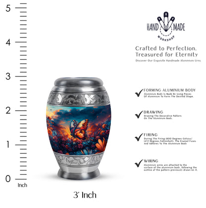 Azure Butterfly Cremation Urn lifestyle display on memorial shelf - ornate monarch-style butterfly relief on brushed aluminum - mini keepsake memorial for portion of cremation ashes