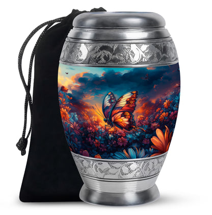 Navy Blue Butterfly Cremation Urn back view with polished surface - ornate monarch-style butterfly relief on brushed aluminum - full-size 10 inch 200 cubic inch adult cremation urn
