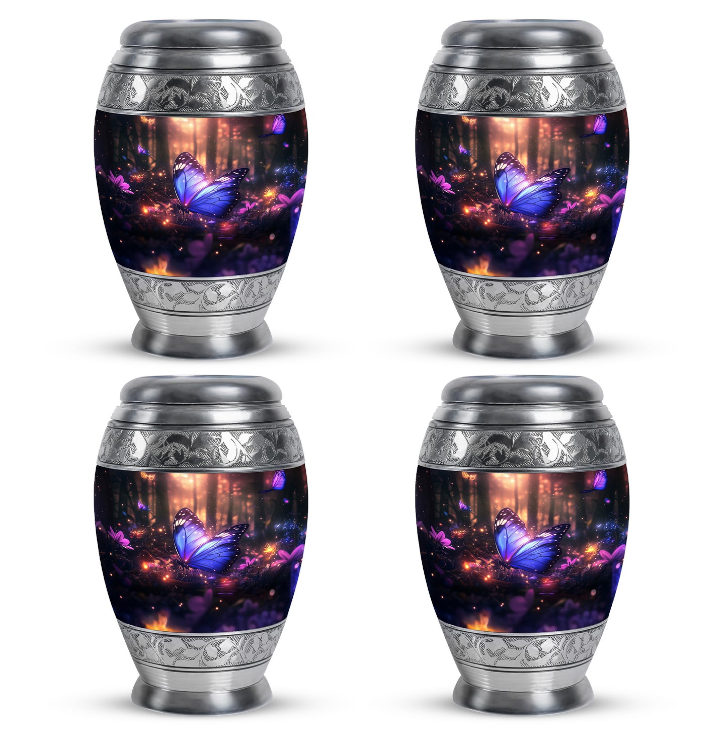 Midnight Black Butterfly Cremation Urn urn with complimentary velvet bag - majestic butterfly pattern with filigree border - 10 inch aluminum urn for cremated remains
