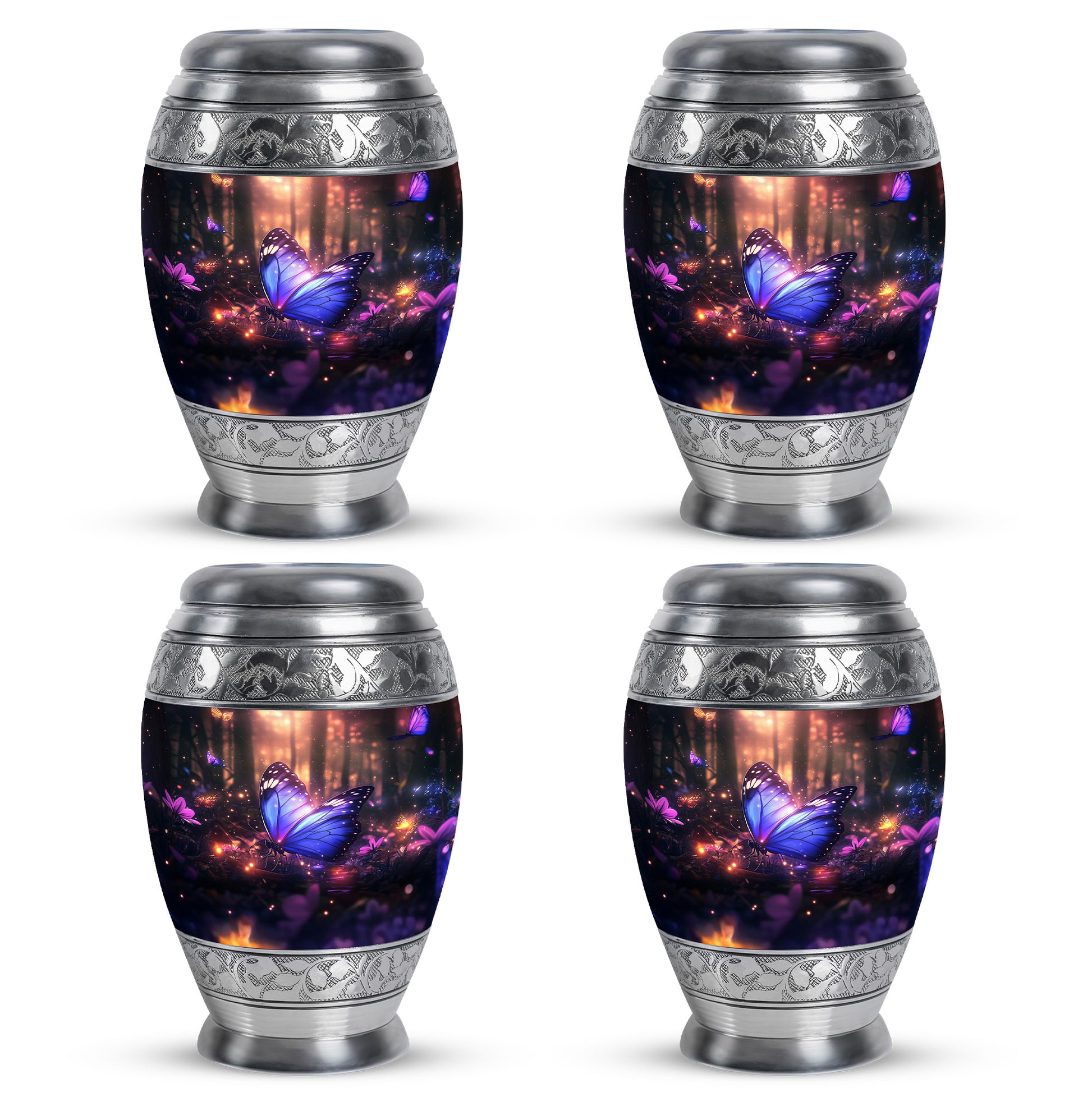 Midnight Black Butterfly Cremation Urn urn with complimentary velvet bag - majestic butterfly pattern with filigree border - 10 inch aluminum urn for cremated remains