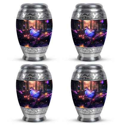 Midnight Black Butterfly Cremation Urn urn with complimentary velvet bag - majestic butterfly pattern with filigree border - 10 inch aluminum urn for cremated remains