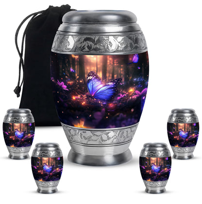 Midnight Black Butterfly Cremation Urn detail view - majestic butterfly pattern with filigree border - memorial set with one large and four small urns