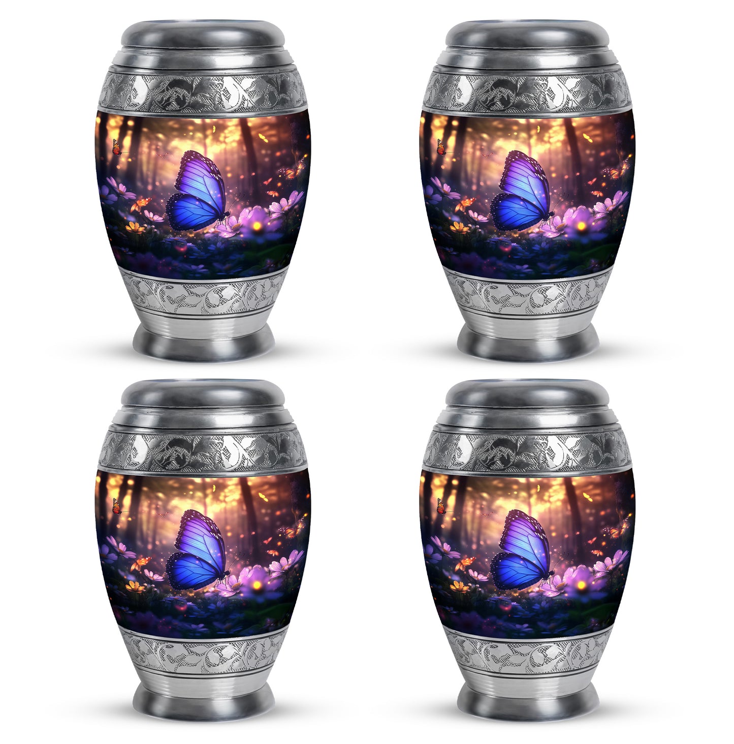 Charcoal Black Butterfly Cremation Urn urn with complimentary velvet bag - royal butterfly engraving with decorative scrollwork - 10 inch aluminum urn for cremated remains
