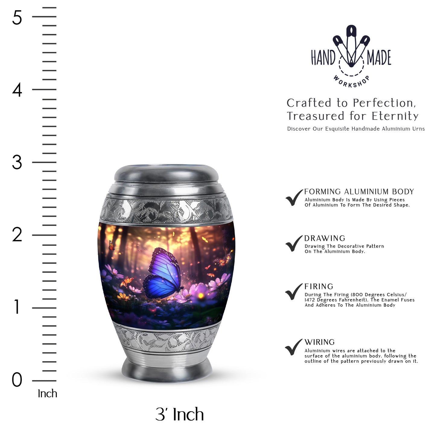 Glossy Black Butterfly Cremation Urn lifestyle display on memorial shelf - ornate monarch-style butterfly relief on brushed aluminum - mini keepsake memorial for portion of cremation ashes