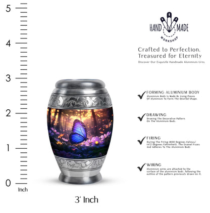 Glossy Black Butterfly Cremation Urn lifestyle display on memorial shelf - ornate monarch-style butterfly relief on brushed aluminum - mini keepsake memorial for portion of cremation ashes