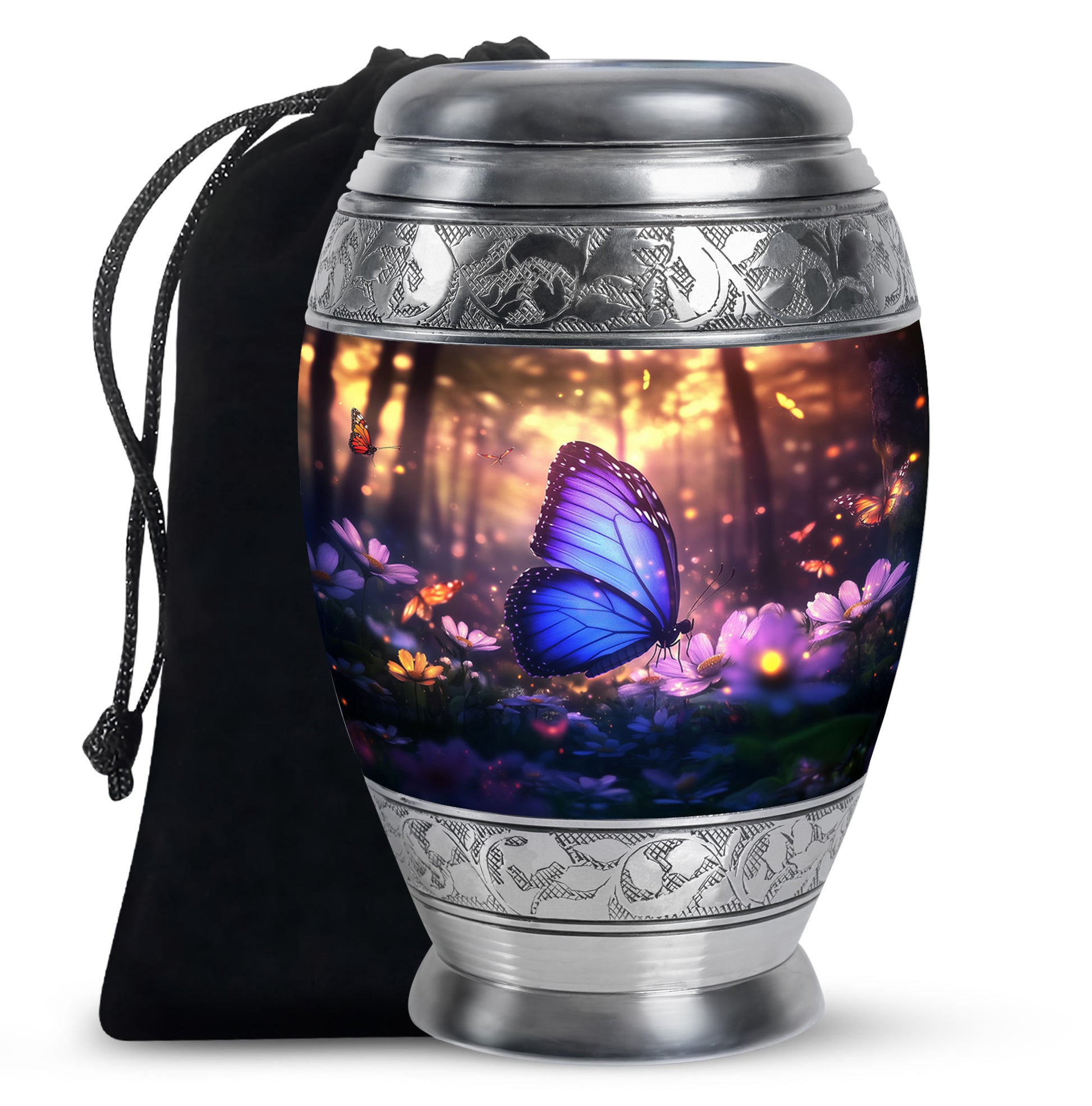 Glossy Black Butterfly Cremation Urn back view with polished surface - regal butterfly design with crown-inspired accents - full-size 10 inch 200 cubic inch adult cremation urn