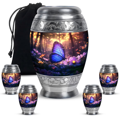 Rich Black Butterfly Cremation Urn detail view - regal butterfly design with crown-inspired accents - memorial set with one large and four small urns