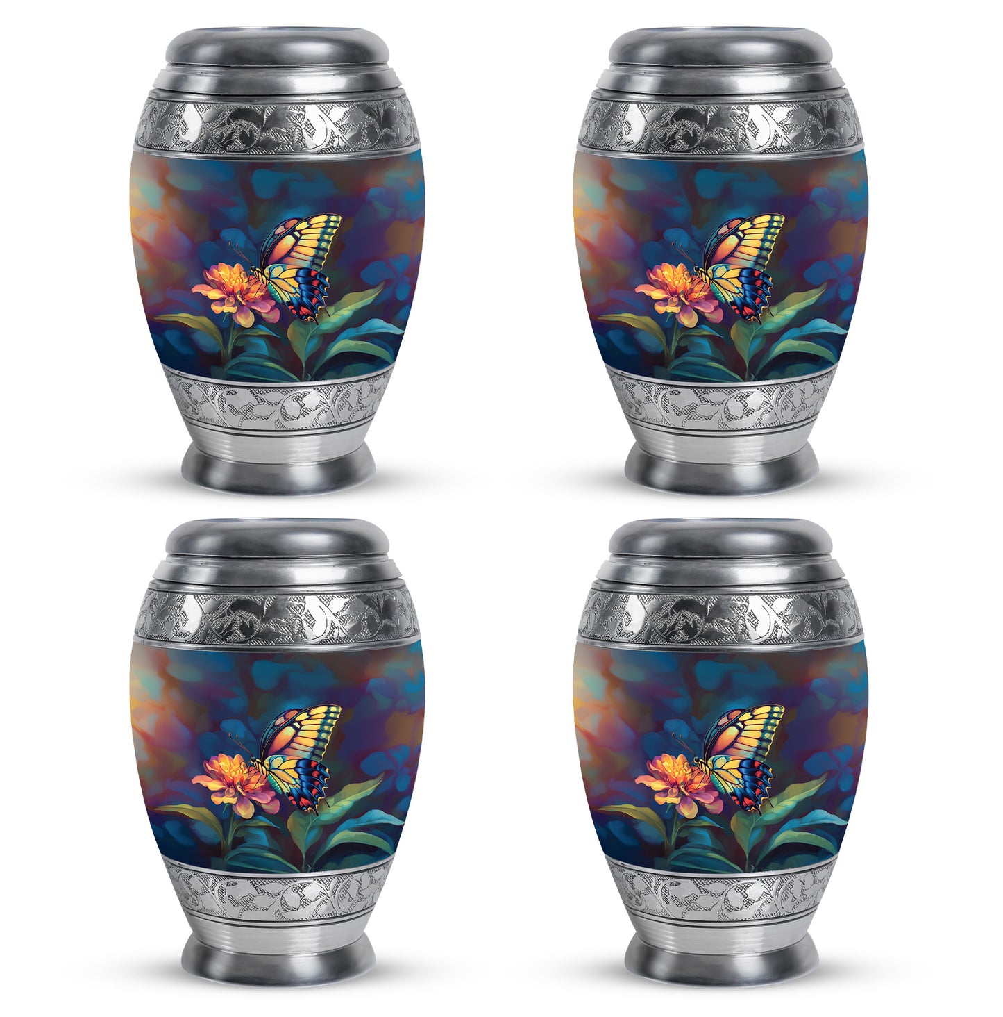 Ebony Butterfly Cremation Urn urn with complimentary velvet bag - ornate monarch-style butterfly relief on brushed aluminum - 10 inch aluminum urn for cremated remains