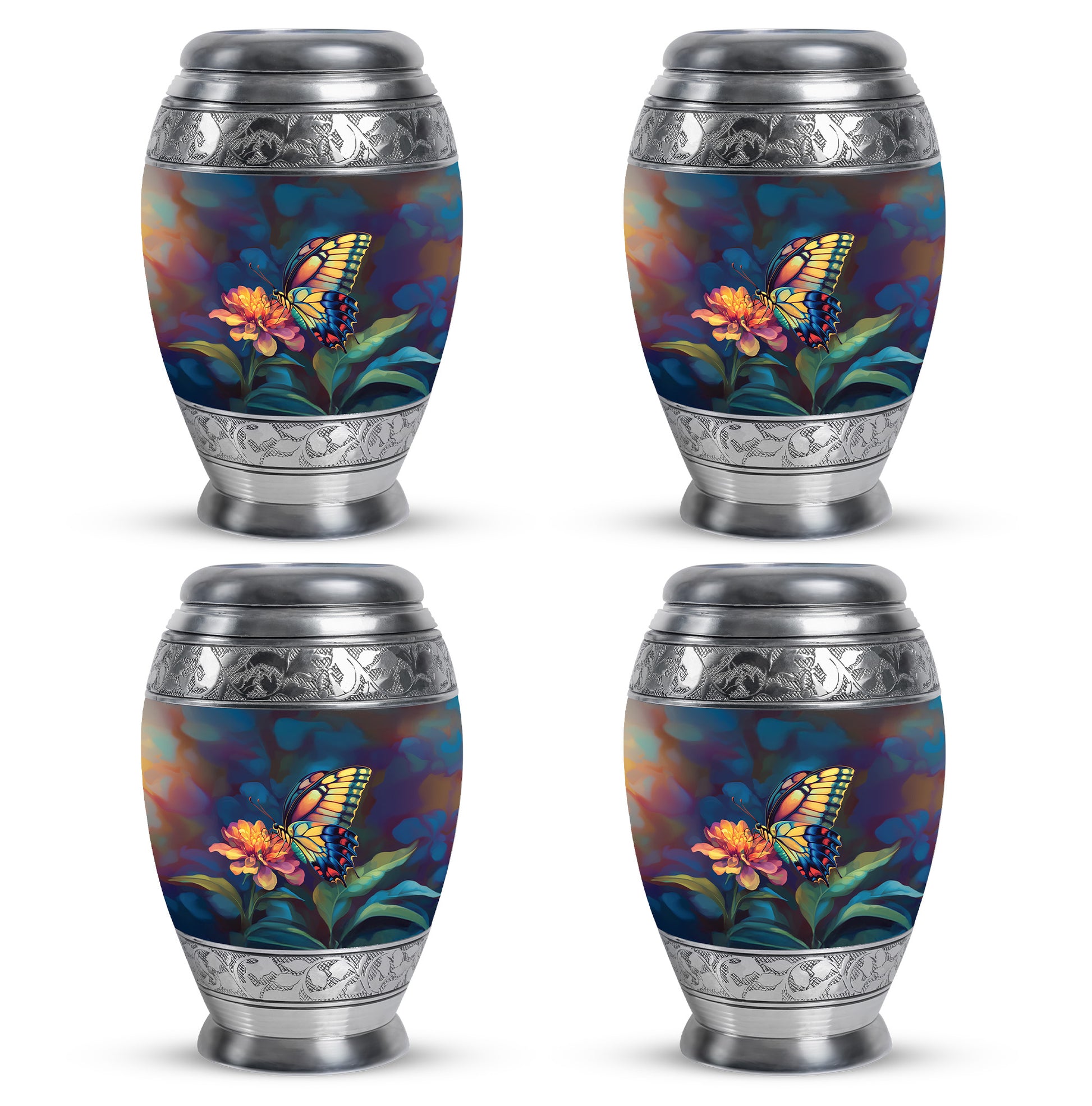 Ebony Butterfly Cremation Urn urn with complimentary velvet bag - ornate monarch-style butterfly relief on brushed aluminum - 10 inch aluminum urn for cremated remains