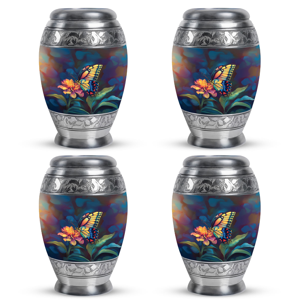 Ebony Butterfly Cremation Urn urn with complimentary velvet bag - ornate monarch-style butterfly relief on brushed aluminum - 10 inch aluminum urn for cremated remains