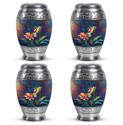 Ebony Butterfly Cremation Urn urn with complimentary velvet bag - ornate monarch-style butterfly relief on brushed aluminum - 10 inch aluminum urn for cremated remains