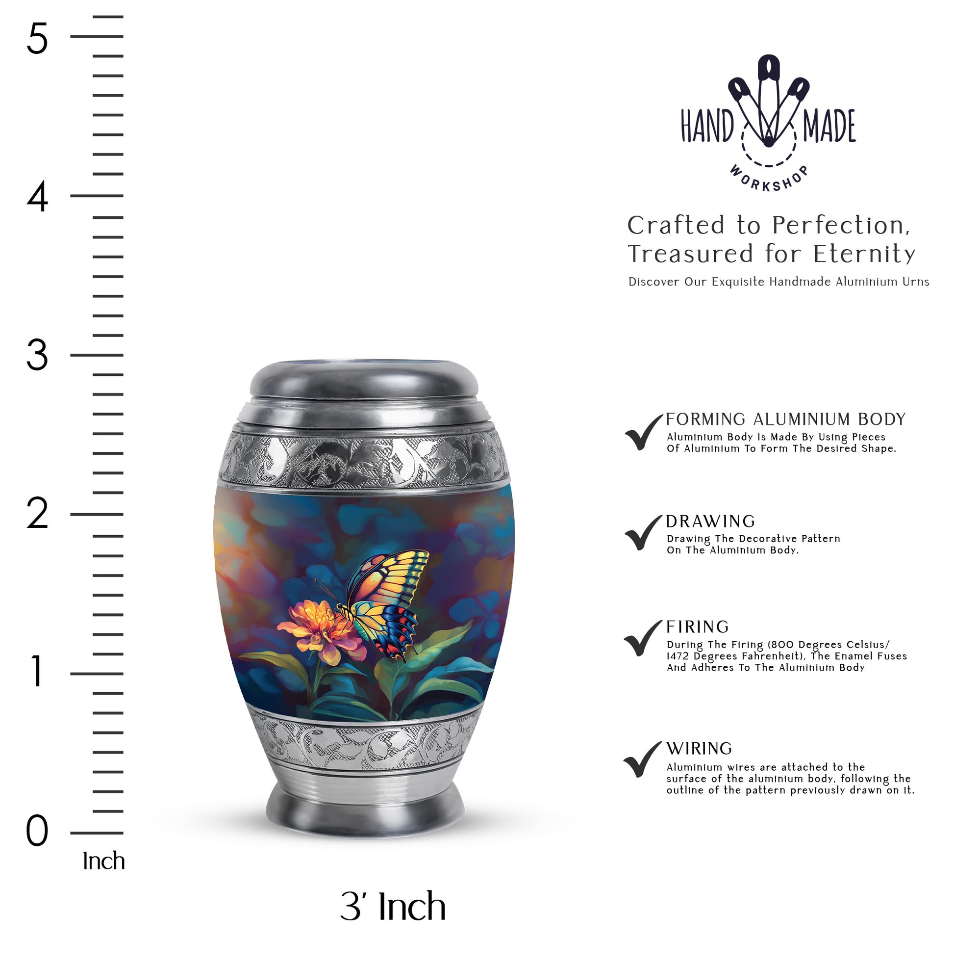 Charcoal Black Butterfly Cremation Urn lifestyle display on memorial shelf - majestic butterfly pattern with filigree border - mini keepsake memorial for portion of cremation ashes