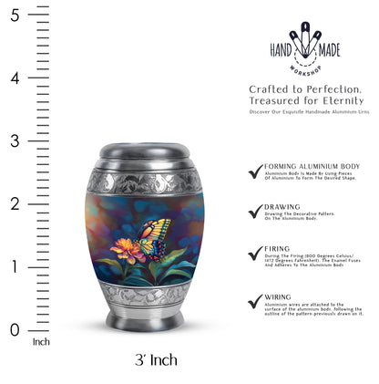 Charcoal Black Butterfly Cremation Urn lifestyle display on memorial shelf - majestic butterfly pattern with filigree border - mini keepsake memorial for portion of cremation ashes