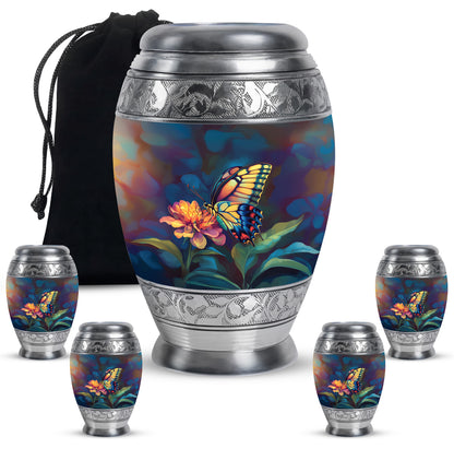 Glossy Black Butterfly Cremation Urn detail view - regal butterfly design with crown-inspired accents - memorial set with one large and four small urns
