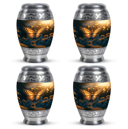 Onyx Black Butterfly Cremation Urn urn with complimentary velvet bag - majestic butterfly pattern with filigree border - 10 inch aluminum urn for cremated remains