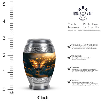 Rich Black Butterfly Cremation Urn lifestyle display on memorial shelf - ornate monarch-style butterfly relief on brushed aluminum - mini keepsake memorial for portion of cremation ashes
