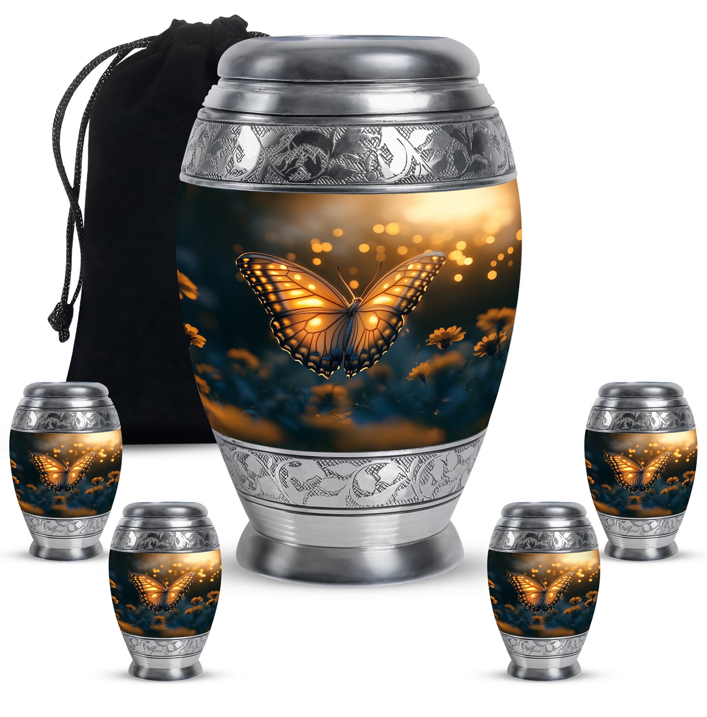 Onyx Black Butterfly Cremation Urn detail view - royal butterfly engraving with decorative scrollwork - memorial set with one large and four small urns