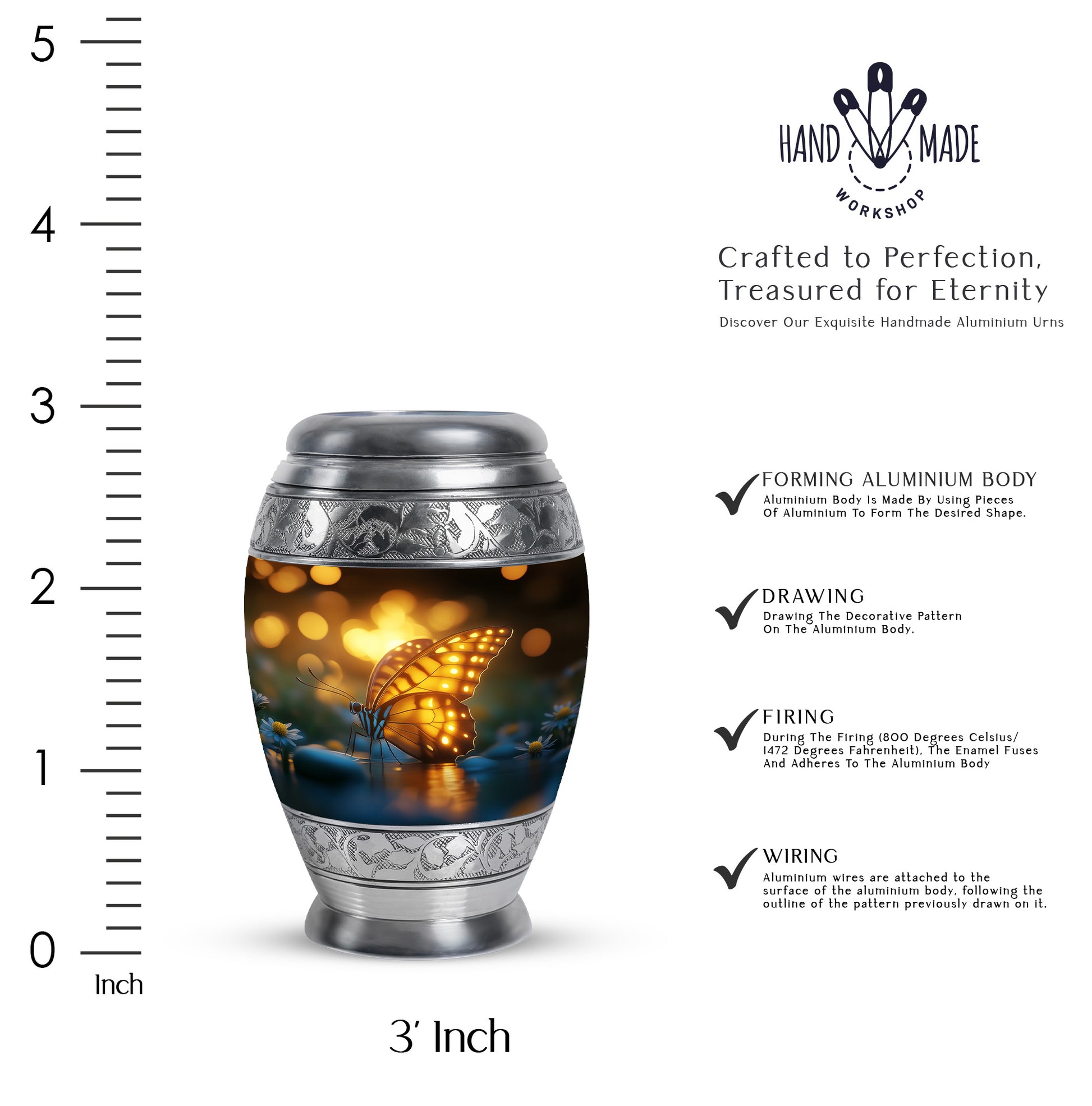 Obsidian Black Butterfly Cremation Urn lifestyle display on memorial shelf - royal butterfly engraving with decorative scrollwork - mini keepsake memorial for portion of cremation ashes