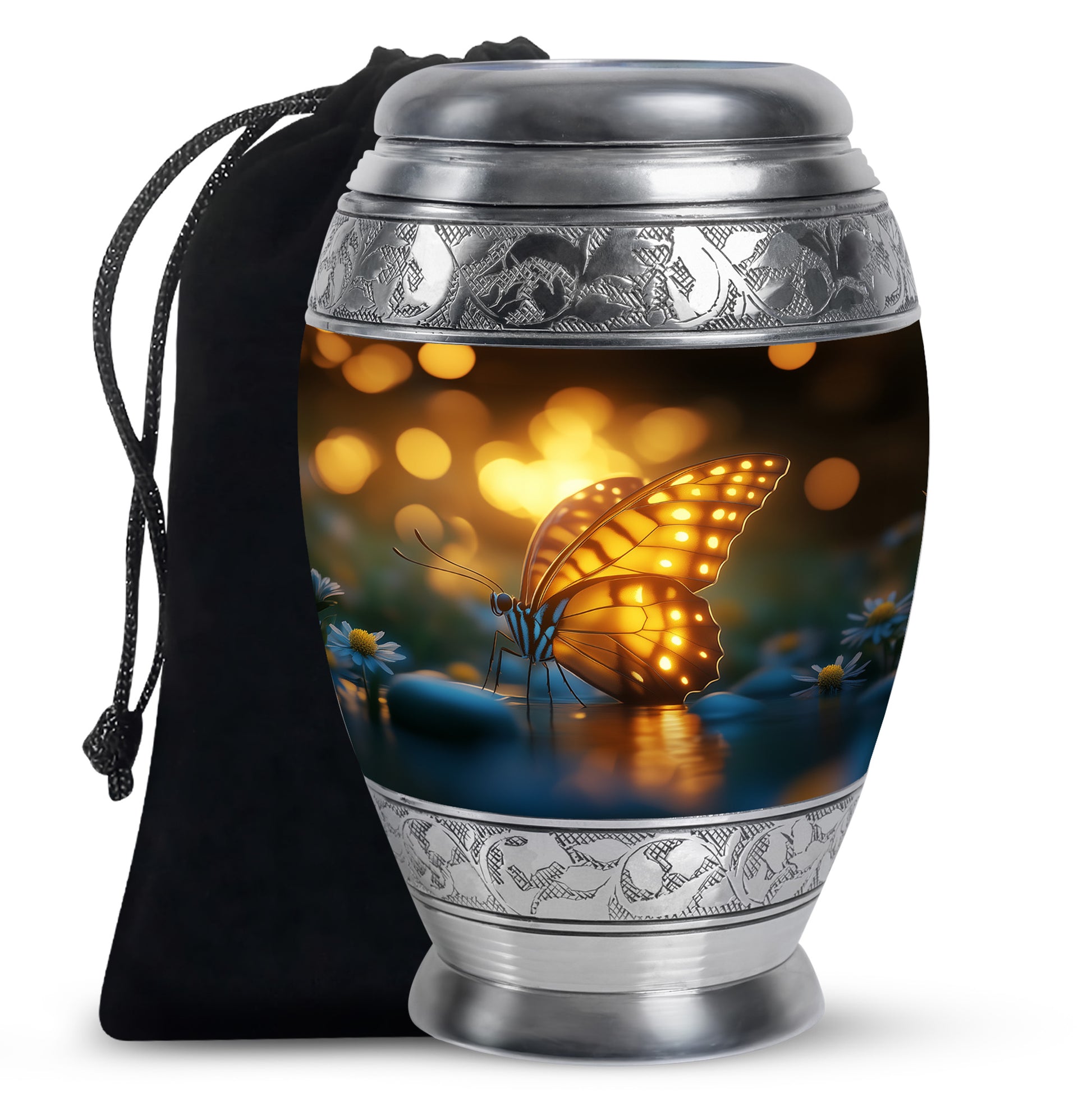 Deep Black Butterfly Cremation Urn back view with polished surface - ornate monarch-style butterfly relief on brushed aluminum - full-size 10 inch 200 cubic inch adult cremation urn