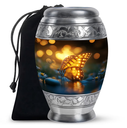 Deep Black Butterfly Cremation Urn back view with polished surface - ornate monarch-style butterfly relief on brushed aluminum - full-size 10 inch 200 cubic inch adult cremation urn