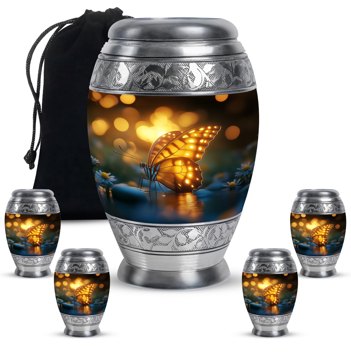 Dark Black Butterfly Cremation Urn detail view - majestic butterfly pattern with filigree border - memorial set with one large and four small urns