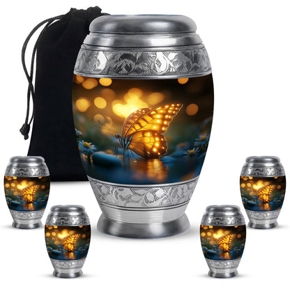 Dark Black Butterfly Cremation Urn detail view - majestic butterfly pattern with filigree border - memorial set with one large and four small urns