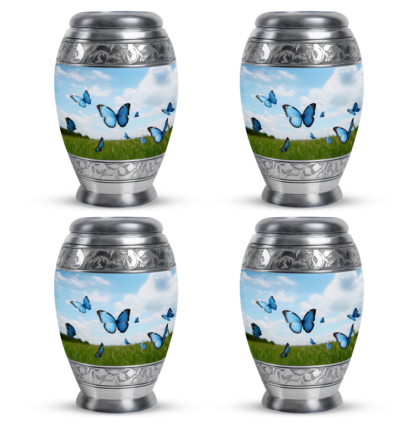 Royal Blue Butterfly Cremation Urn urn with complimentary velvet bag - royal butterfly engraving with decorative scrollwork - 10 inch aluminum urn for cremated remains