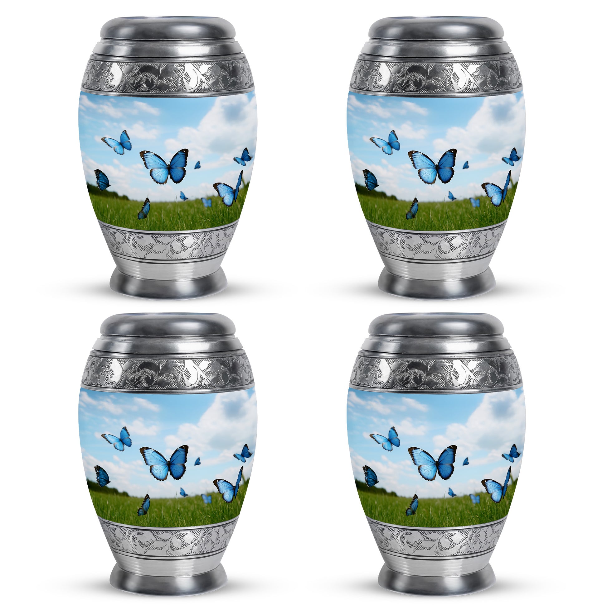 Royal Blue Butterfly Cremation Urn urn with complimentary velvet bag - royal butterfly engraving with decorative scrollwork - 10 inch aluminum urn for cremated remains