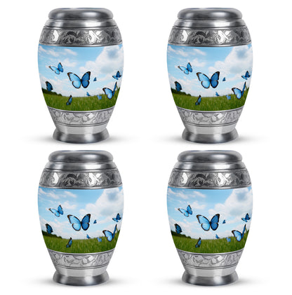Royal Blue Butterfly Cremation Urn urn with complimentary velvet bag - royal butterfly engraving with decorative scrollwork - 10 inch aluminum urn for cremated remains