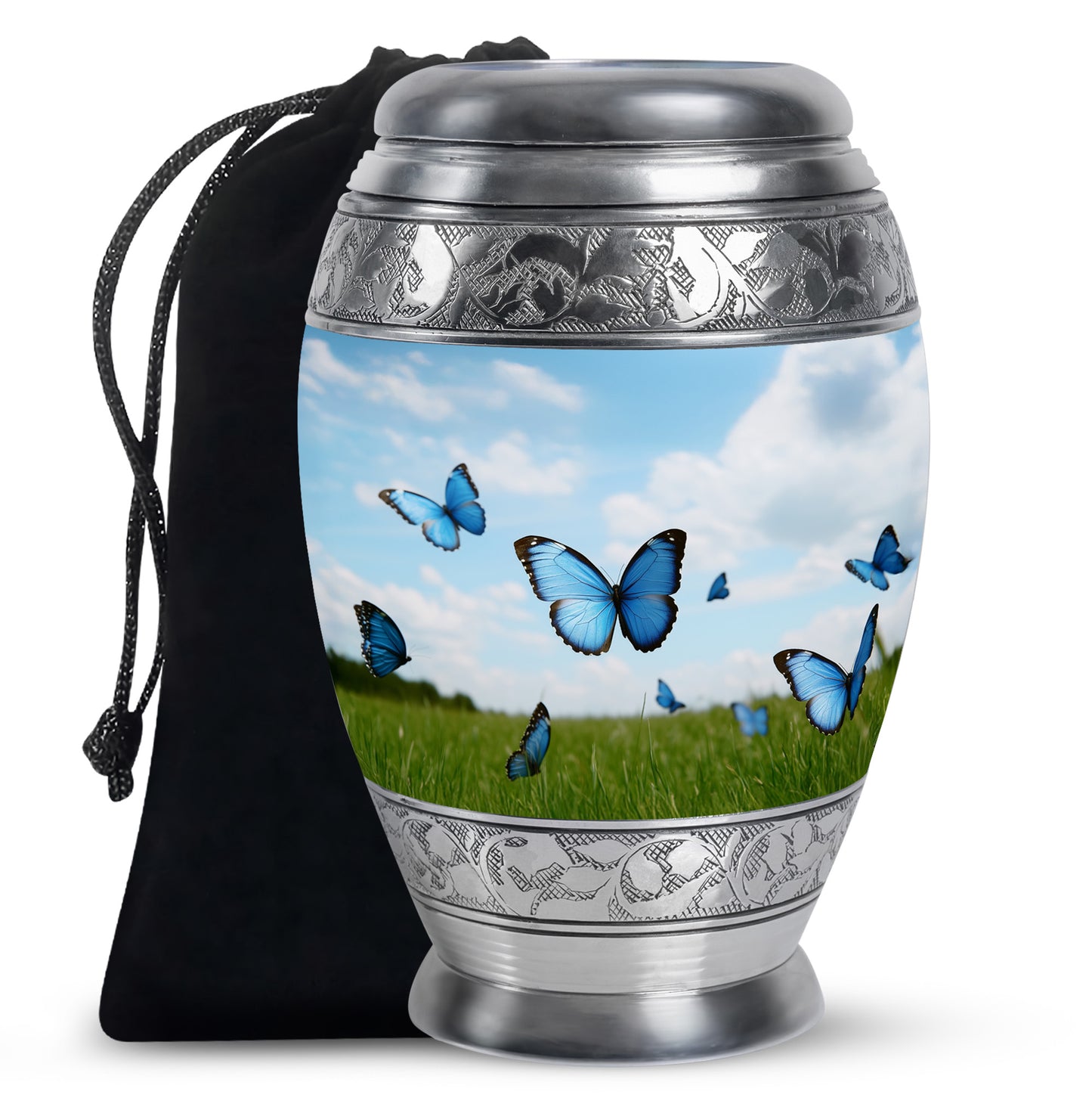 Royal Blue Butterfly Cremation Urn back view with polished surface - majestic butterfly pattern with filigree border - full-size 10 inch 200 cubic inch adult cremation urn