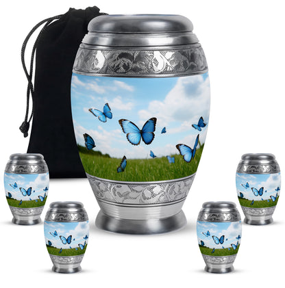 Powder Blue Butterfly Cremation Urn detail view - regal butterfly design with crown-inspired accents - memorial set with one large and four small urns