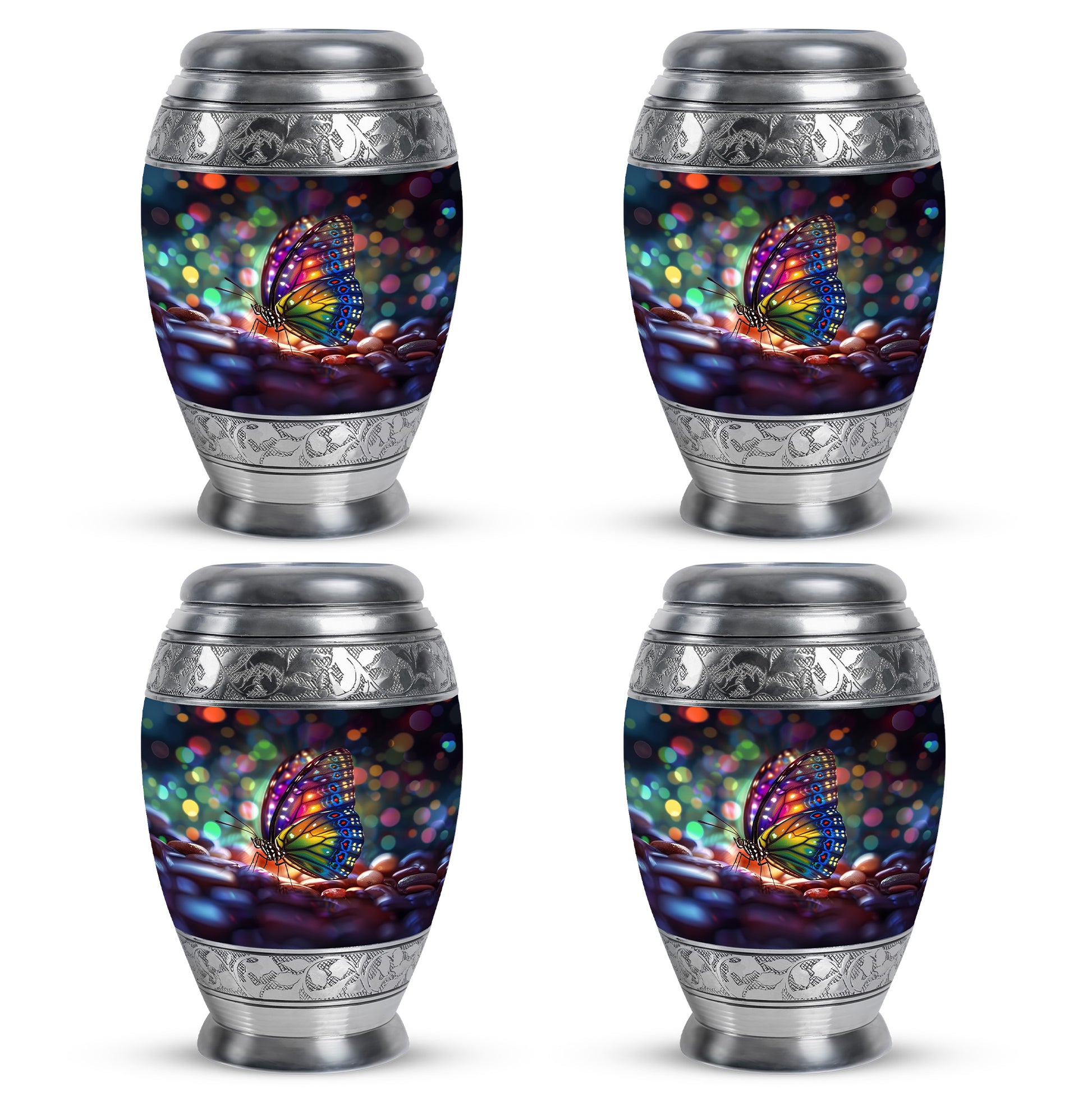 Cornflower Blue Butterfly Cremation Urn urn with complimentary velvet bag - majestic butterfly pattern with filigree border - 10 inch aluminum urn for cremated remains