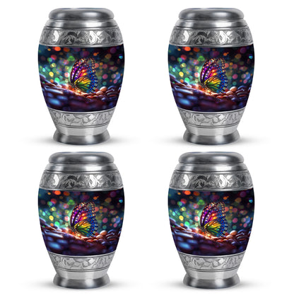 Cornflower Blue Butterfly Cremation Urn urn with complimentary velvet bag - majestic butterfly pattern with filigree border - 10 inch aluminum urn for cremated remains