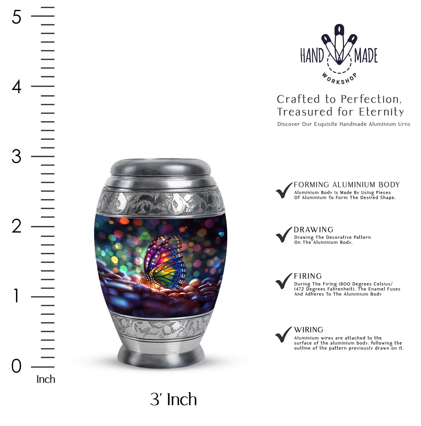 Misty Blue Butterfly Cremation Urn lifestyle display on memorial shelf - ornate monarch-style butterfly relief on brushed aluminum - mini keepsake memorial for portion of cremation ashes
